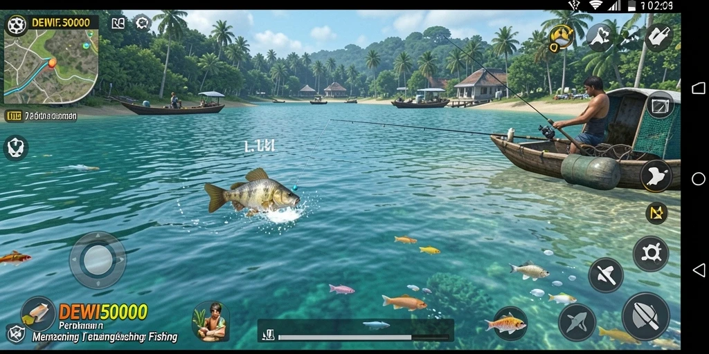Tampilan grafis DEWI5000 yang menakjubkan menampilkan momen memancing yang seru.