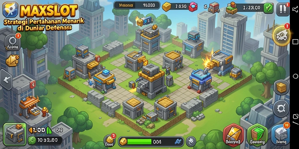 Screenshot gameplay MAXSLOT menampilkan menara dan musuh dalam pertempuran seru.