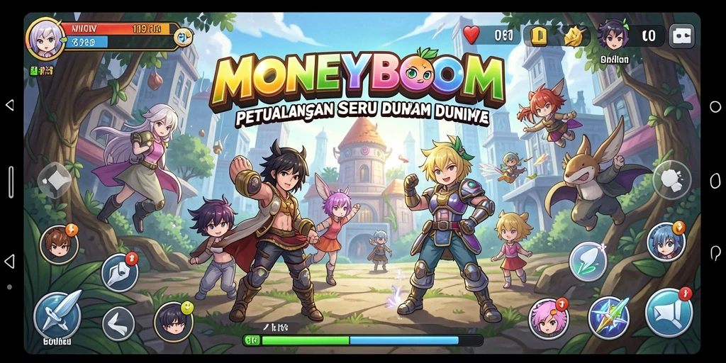 Screenshot MONEYBOOM menampilkan aksi pertarungan dinamis di dunia Anime.