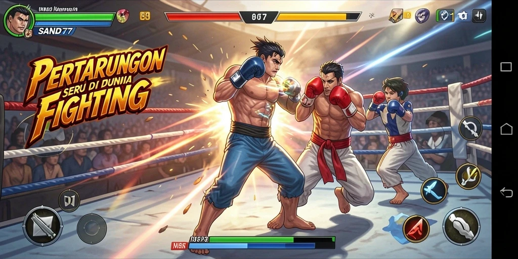 Gameplay seru SAND77 dengan karakter bertarung.