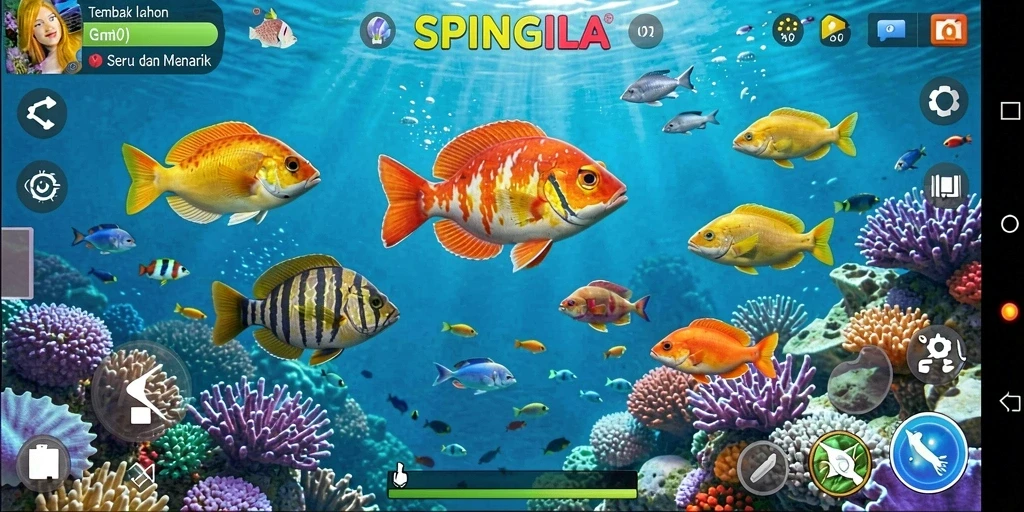 Tangkapan layar SPINGILA menampilkan aksi menembak ikan yang seru.