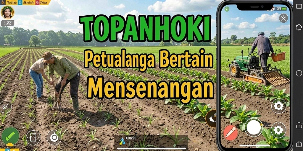 Screenshot utama gameplay TOPANHOKI menampilkan kebun yang indah dan penuh warna.