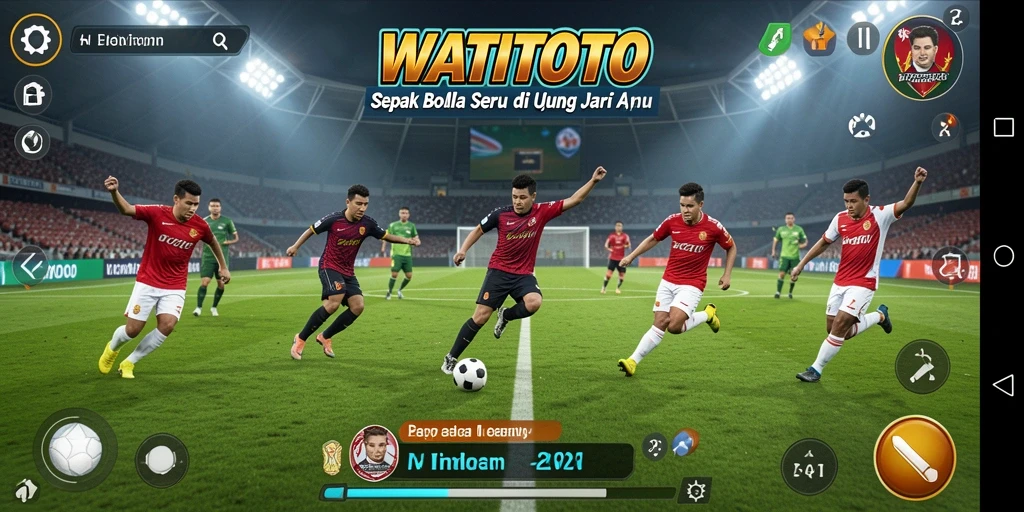 Tampilan gameplay seru dalam WATITOTO dengan aksi sepak bola yang mendebarkan.